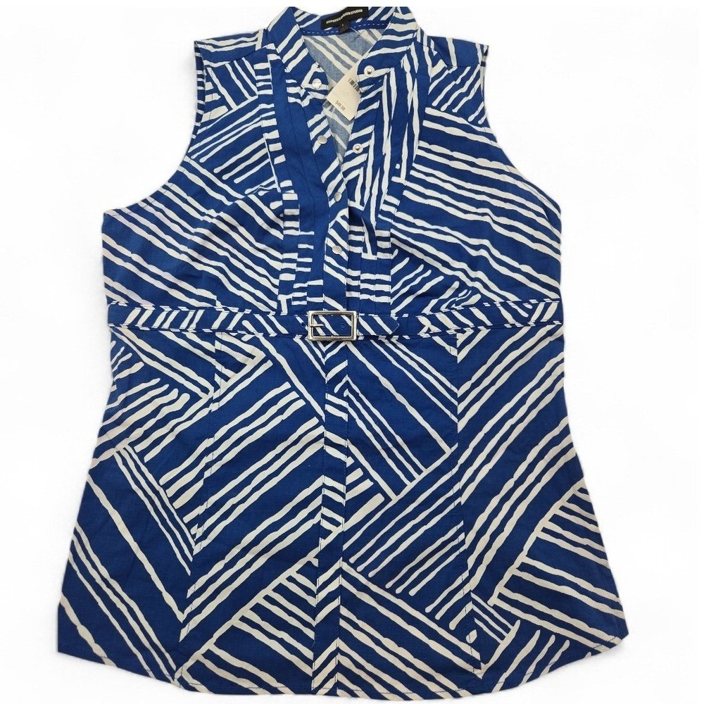 Express Design Studio Blue White Geometric Stripe Belted Sleeveless Blouse L Y2K